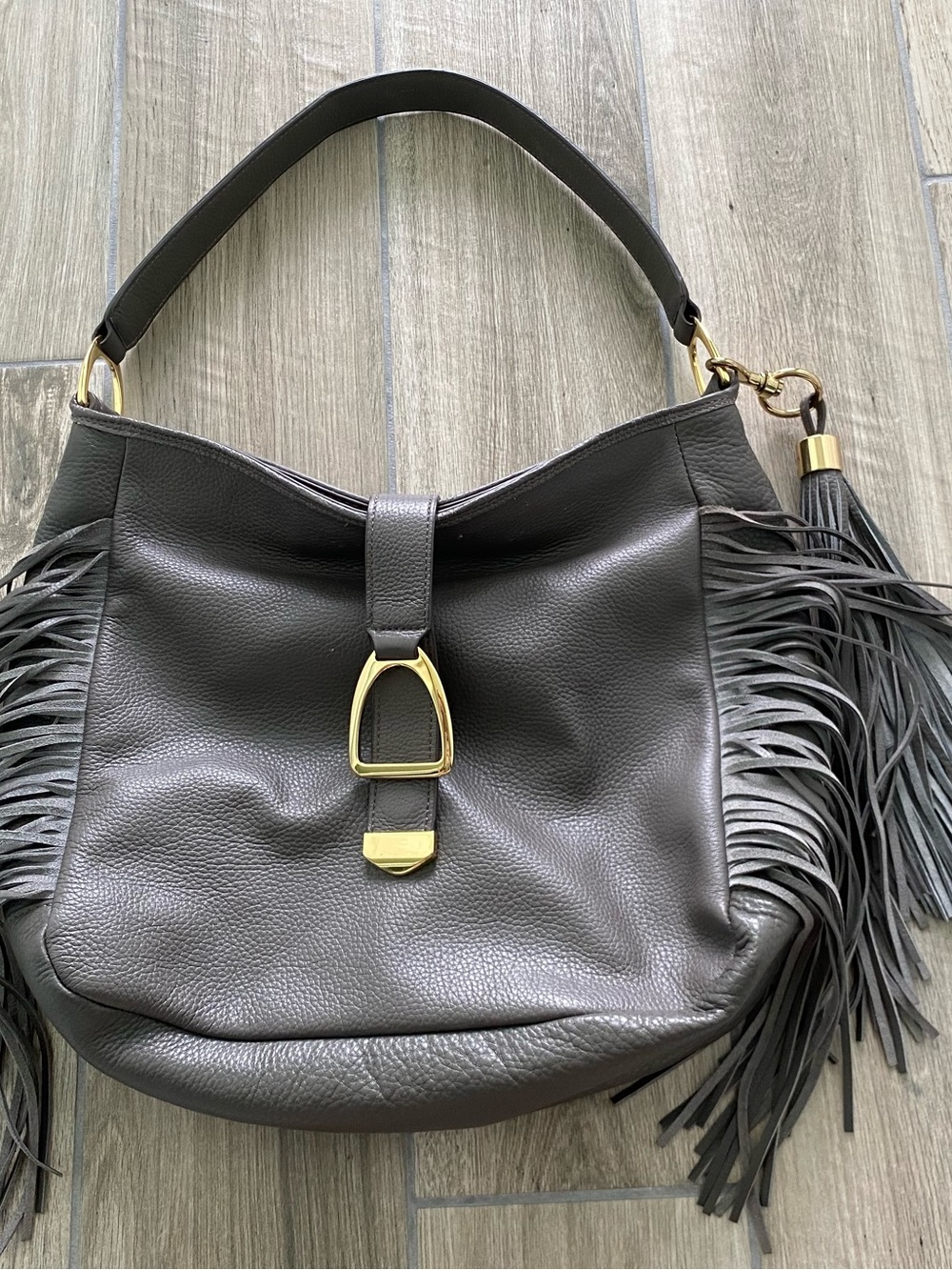 G.I.L.I. Charcoal Gray Fringe Leather Hobo with Gold Hardware